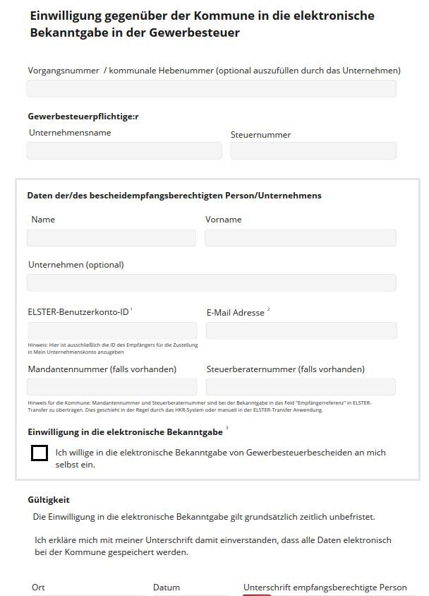 Einwilligungsformular digitaler Gewerbesteuerbescheid