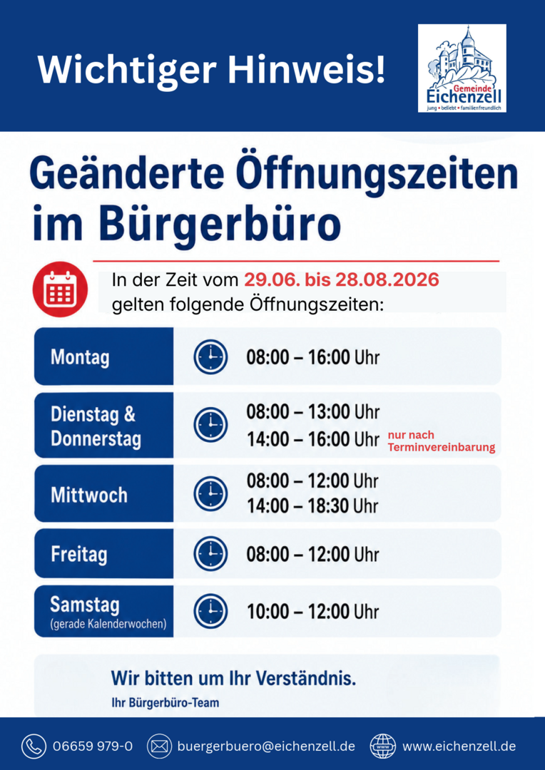 Geänderte Öffnungszeiten Bürgerbüro